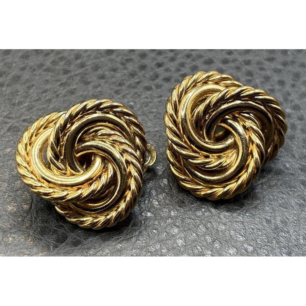 Vintage 80s Givenchy Rope Swirl Knot Chunky Clip On Earrings Gold Tone